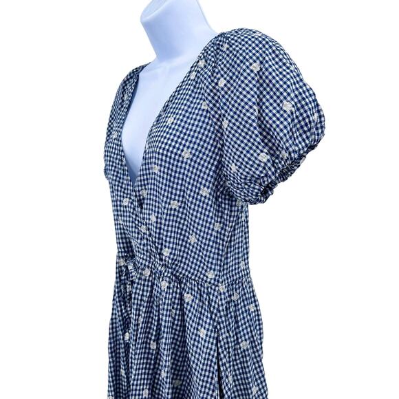 Madewell Blue White Faux Wrap Embroidered Gingham Check Midi Dress XXS Tie Waist - Picture 7 of 12